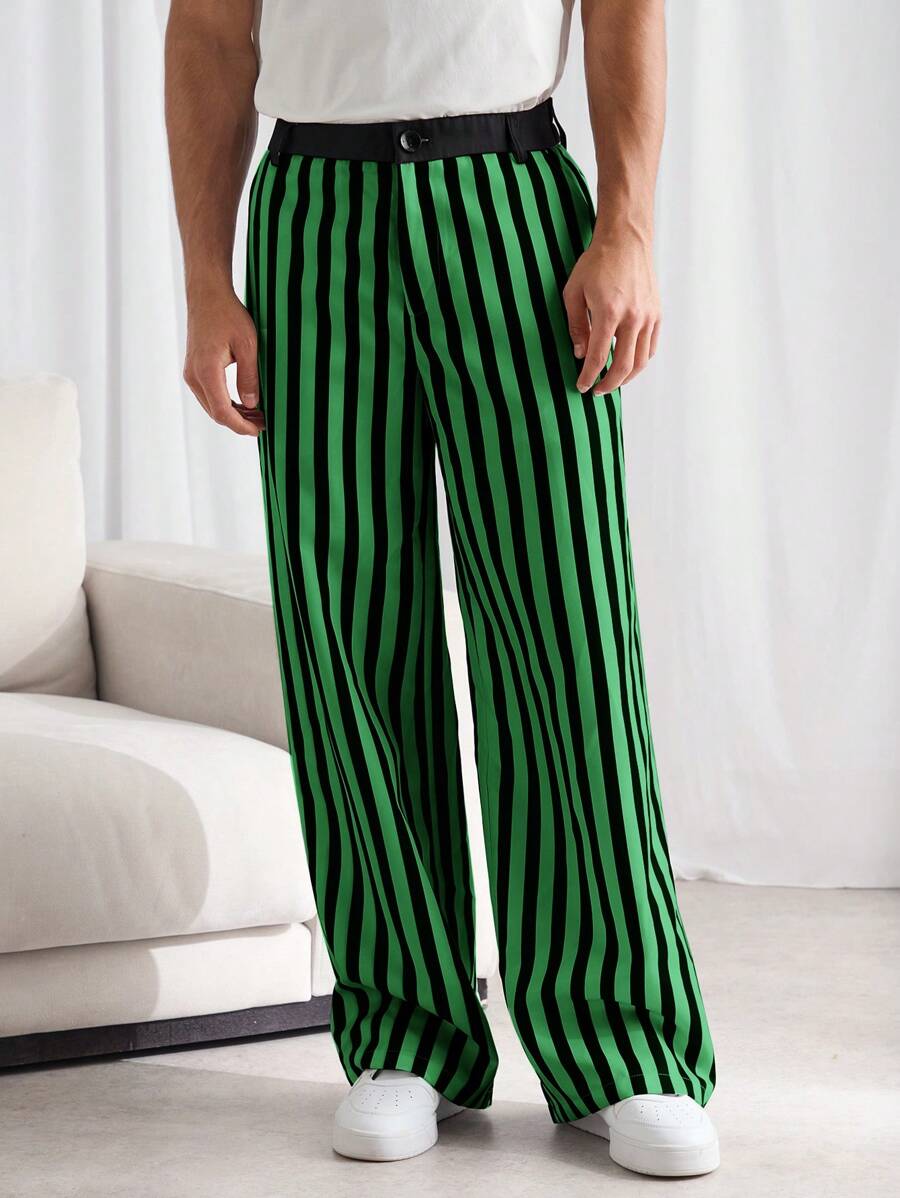 Manfinity VCAY Men Woven Loose Straight Casual Pants, Mid-Rise, Relaxed Fit, For Daily Wear, Fall - Dark Green - View 1