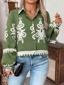 SHEIN LUNE Chemise à manches longues imprimée vintage grande taille, décontractée pour l'automne - Militaire verte - Voir 3