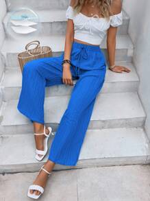 Breezaya Quần nữ Thắt nút màu trơn Giải trí - Màu xanh lam - Xem 1