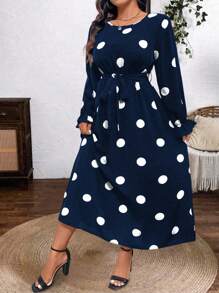 SHEIN Clasi Vestido elegante de manga campana de cuello redondo con estampado de lunares para mujer de talla grande, atuendo de mujer para otoño/invierno de largo maxi