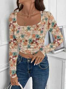 SHEIN LUNE 女士休闲花卉长袖 T 恤，适合作为秋冬季打底衫 - 彩色 - 查看 5