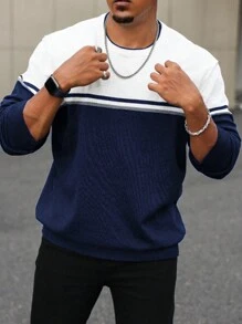 Manfinity Homme Áo len dệt kim cổ tròn kẻ sọc cỡ lớn cho nam, Thu/Đông, Áo len sọc cho nam, Áo len xanh navy cho nam, Áo len dài tay cho nam, Áo len dệt kim cho nam, Áo len phối màu cho nam - Màu xanh hải quân - Xem 4