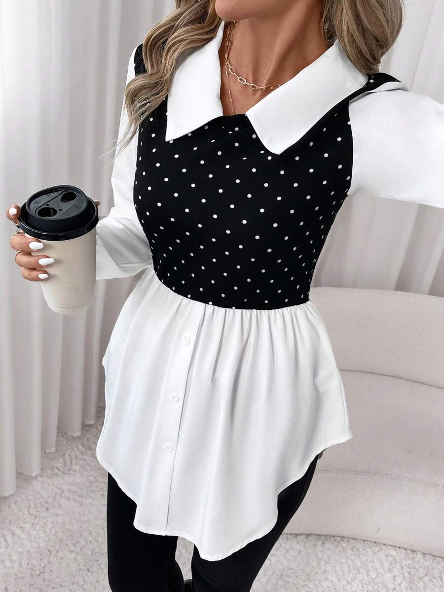 SHEIN Clasi Women Elegant Retro Black & White Polka Dot Splicing Color Block Shirt Collar Long Sleeve Top