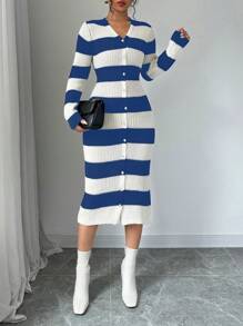 SHEIN LUNE 女式 V 领条纹印花前纽扣长袖针织毛衣连衣裙 - 藍白色 - 查看 6