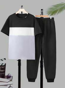 Manfinity Homme Men's Color Block Crew Neck Short Sleeve Casual T-Shirt And Drawstring Waist Cuffed Leg Pants 2-Piece Set - Grey - View 1
