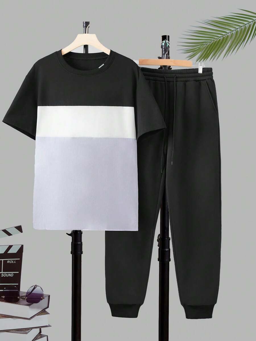 Manfinity Homme Men's Color Block Crew Neck Short Sleeve Casual T-Shirt And Drawstring Waist Cuffed Leg Pants 2-Piece Set - Grey - View 1