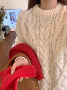 DAZY 女式圆领麻花图案纯色长袖毛衣，秋季女装 - 杏色 - 查看 2