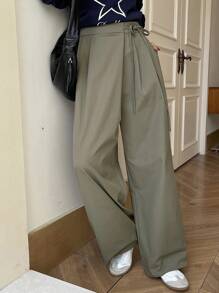 DAZY Solid Color Loose Asymmetric Tie Waist Wide Leg Pockets Women Pants - Grey - View 3