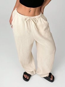 SHEIN EZwear 杏色编织系带休闲长裤宽松裤女士春秋休闲抽绳口袋自然直筒长裤杏色宽松女裤休闲日常穿着 - 杏色 - 查看 6