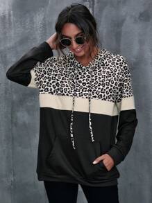 SHEIN PETITE Women's Casual Leopard Print Contrast Color Kangaroo Pocket Hoodie - Multicolor - View 6