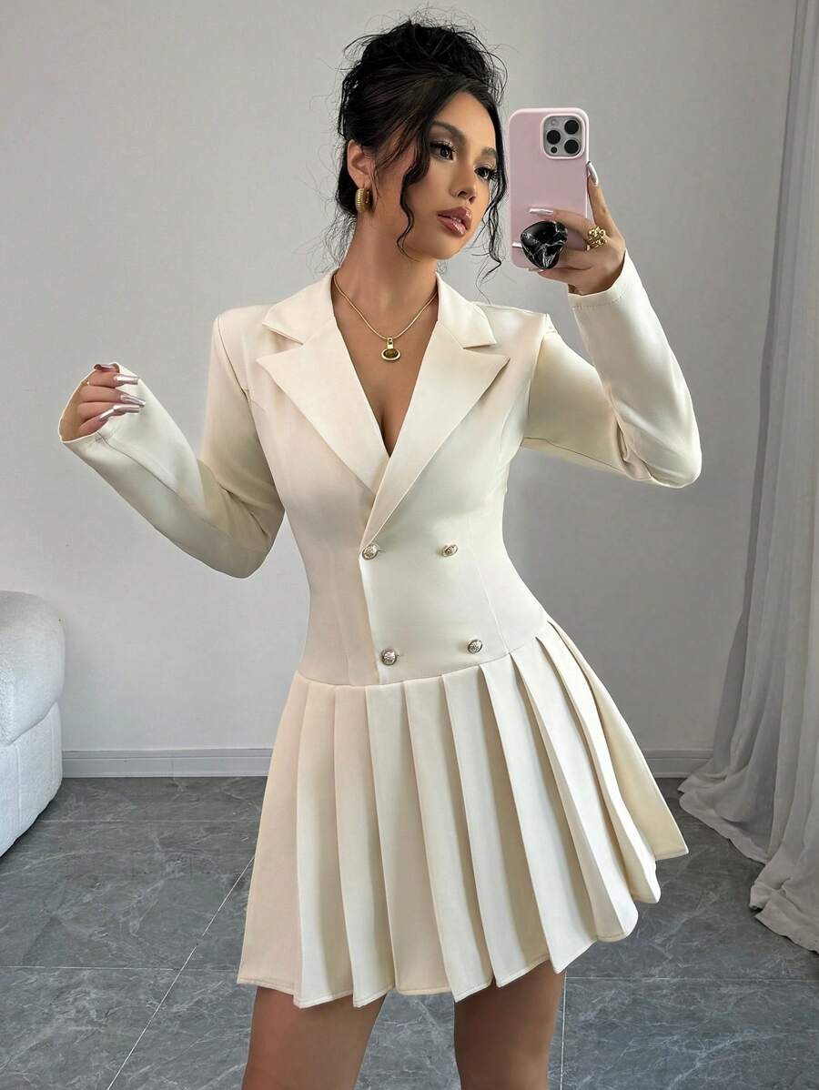 Elenzga 女士翻领长袖双排扣褶边优雅杏色连衣裙 - 杏色 - 查看 1