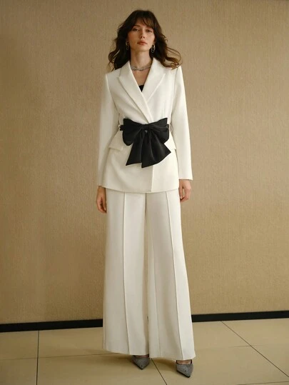 MOTF STUDIO PEAK COLLAR CONTRAST BOW WAIST BELTED BLAZER, NEW YEAR