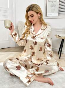 Bộ đồ ngủ nữ cổ bẻ in hình gấu lụa giả, trang phục thu đông ấm áp và thanh lịch - Màu be - Xem 5