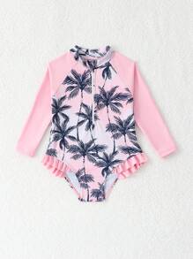 SHEIN Traje de baño de una pieza con estampado de palmeras, mangas largas, cierre y volantes para niñas pequeñas - Multicolor - Ver 5