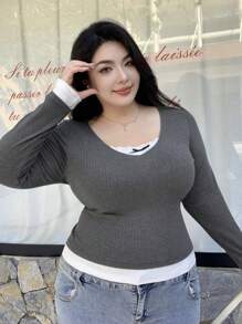 Dazy Plus Plus Size Contrast Color Lace Bow Decor V-Neck Slim Fit Tee Shirt, Suitable For Spring, Summer, Autumn, Back To School Clothes Long Sleeve Women Tops,Fall Women Clothes