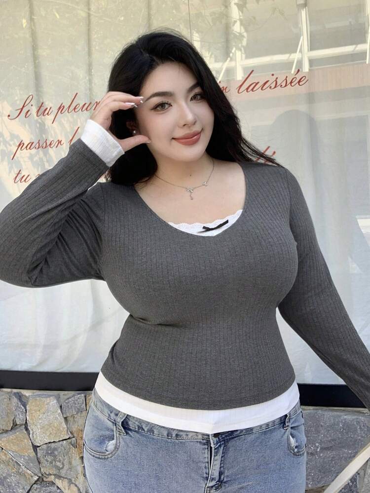 Dazy Plus Plus Size Contrast Color Lace Bow Decor V-Neck Slim Fit Tee Shirt, Suitable For Spring, Summer, Autumn, Back To School Clothes Long Sleeve Women Tops,Fall Women Clothes