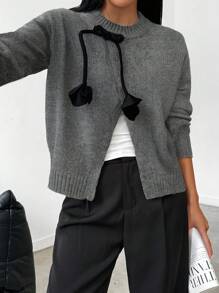 SHEIN Unity Round Neck Long Sleeve Button Front Split Women Sweater, Autumn/Winter Knit Pullover Fall - Grey - View 1