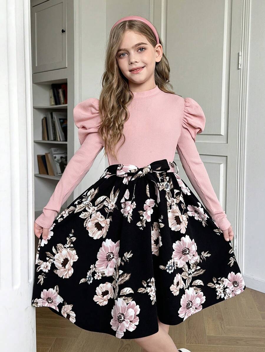 SHEIN Leap Crew Tween Girl 复古罗纹针织花卉拼布羊腿袖领口收腰 A 字型优雅连衣裙，适合派对、休闲外出、女性风格、粉色连衣裙 - 粉色 - 查看 1