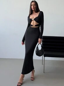 Aloruh Fashionable Long Sleeve Metal Button Hollow Out Bodycon Black Dress For Women