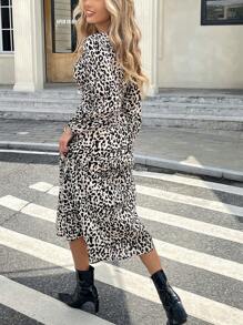 Serisse 女士 V 领长袖豹纹休闲中长连衣裙，复古，优雅女士，节日服装，商务休闲女士，女士连衣裙，优雅女士秋季女装，派对服装圣诞服装约会服装派对服装，冬季女装，节日服装，感恩节服装，秋冬 - 彩色 - 查看 2