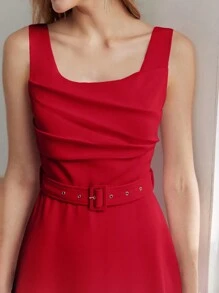 MOTF PREMIUM SOLID RUCHED BODICE FLARE HEM BUCKLE BELTED LONG DRESS - Red - View 2