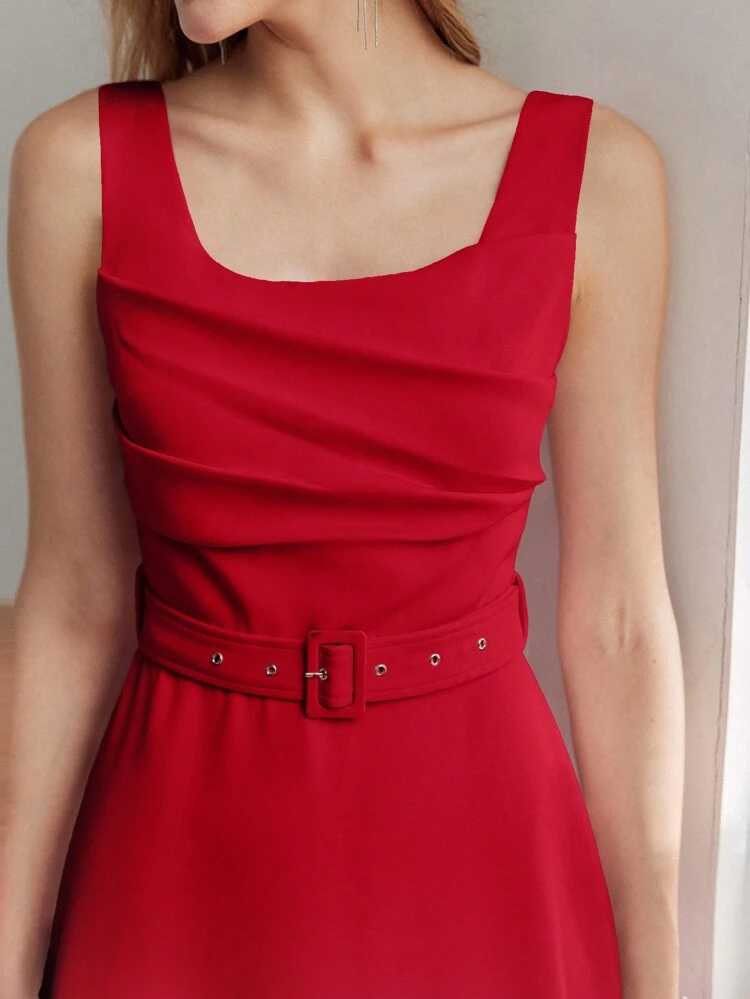 SOLID RUCHED BODICE FLARE HEM BUCKLE BELTED LONG DRESS