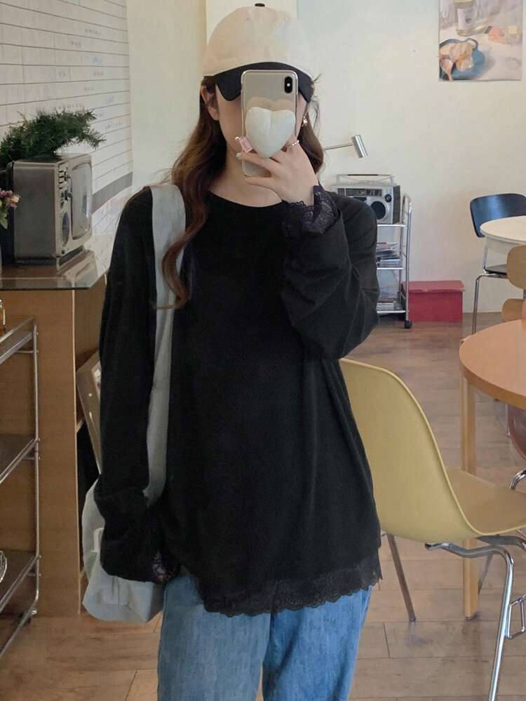 Women Casual Contrast Lace Simple Solid Round Neck Black Long Sleeve T-Shirt, Autumn,Fall Women Clothes
