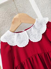 SHEIN LMoss Kids LMoss 新生女婴可爱拼接彼得潘领长袖连体衣，秋冬款 - 紅色 - 查看 3