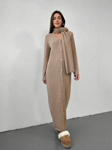 Aloruh Women's Vintage Minimalist Deep V-Neck With Scarf Button Down Maxi Sweater Dress Brown Lounge Dress Christmas Sweater Dress Thanksgiving Sweater V Neck Sweater Dress - White - View 5