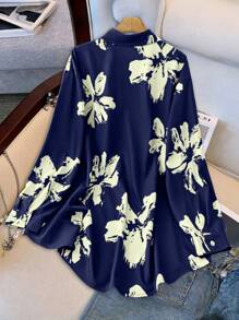 SHEIN Clasi 1pc Women Plus Size Full Open Black Base Printed Long Sleeve Shirt, Suitable For Autumn/Winter