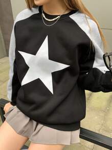 INAWLY Women Autumn/Winter Casual Colorblock Star Print Sweatshirt