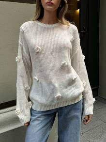 Aloruh 女士休闲 3D 花卉图案白色宽松针织毛衣，秋冬 - 白色 - 查看 3