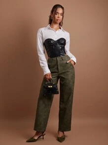 COSMINA Women's Army Green PU Leather Straight-Leg Pants For Autumn/Winter