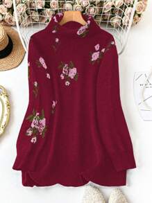 SHEIN LUNE Plus Size Crew Neck Long Sleeve Pattern Detail Minimalist Casual Sweater, Winter