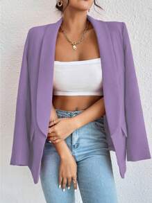 EMERY ROSE Áo choàng cổ tay dài màu trơn cho nữ, túi giả tối giản, mặc thường ngày - Màu tím - Xem 6