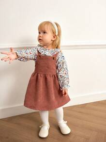 Souflis Souflis 2pcs/Set Baby Girl Vintage Ditsy Floral Frill Collar Long Sleeve Shirt And Corduroy Sleeveless Dress Suit, Retro & Sweet Style, Autumn/Winter