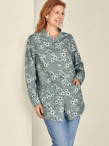 EMERY ROSE Camisa casual de manga larga con capucha, botones delanteros y bolsillos, con estampado floral en talla grande - Gris - Ver 3