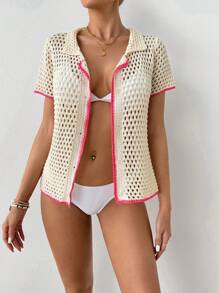 Women Ribbed Short Sleeve Single-Breasted Hollow Minimalist Cardigan Summer - Apricot - View 1