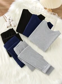 SHEIN 6pcs/Set Tween Boys' Letter Graphic Round Neck Long Sleeve T-Shirt And Slim Fit Trousers Soft And Comfortable Base Layer Homewear Set
