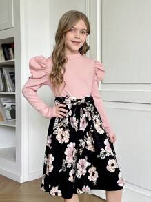 SHEIN Leap Crew Tween Girl 复古罗纹针织花卉拼布羊腿袖领口收腰 A 字型优雅连衣裙，适合派对、休闲外出、女性风格、粉色连衣裙 - 粉色 - 查看 6