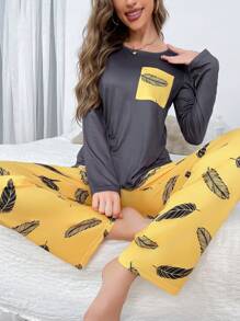 Feather Pattern Women Crew Neck Long Sleeve Top With Pocket & Pants Pajama Set, Fall Clothes
