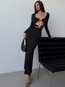 Aloruh Fashionable Long Sleeve Metal Button Hollow Out Bodycon Black Dress For Women