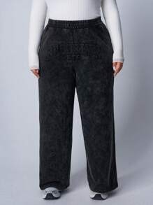 SHEIN EZwear 大码黑色水洗宽松字母运动裤 - 黑色 - 查看 5