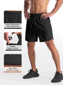 Manfinity Sport Corelite Boyfriend Style Men's Solid Color Front Tie Simple Shorts, Casual Daily Wear 2-Piece Set - Khaki - View 5