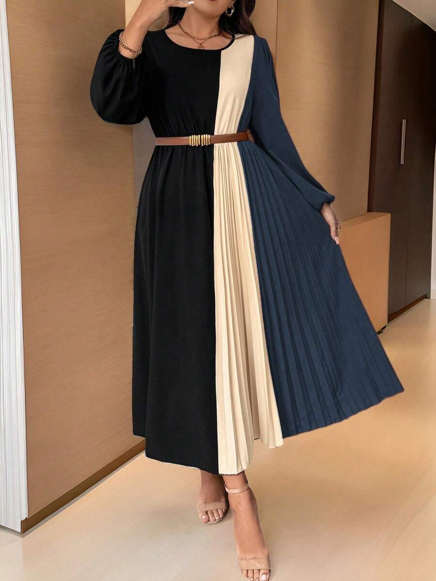 Celure 加大码圆领长袖纯色拼布休闲长裙女装