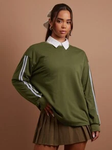 COSMINA 橄榄绿条纹女式运动衫，秋冬 - 軍綠色 - 查看 3