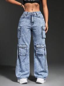 SHEIN SXY 休闲水洗多口袋直筒工装牛仔裤