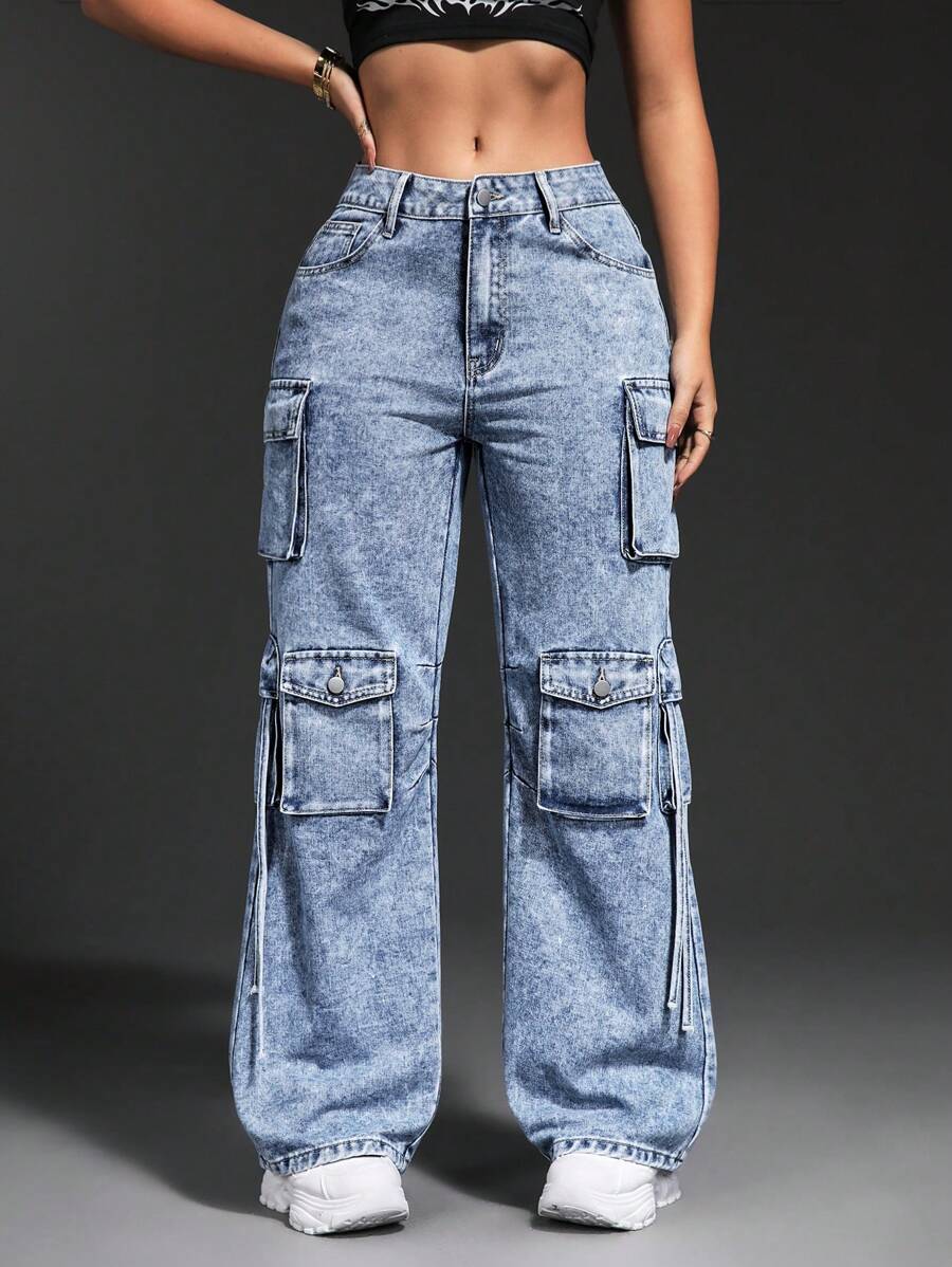 SHEIN SXY 休闲水洗多口袋直筒工装牛仔裤