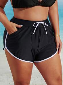 Bas de bikini minimaliste décontracté avec poche et liens contrastés en tailles plus, pour l'été