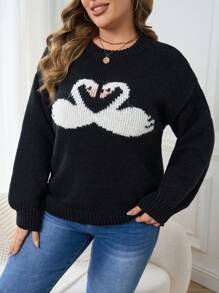 SHEIN EZwear 大码女式休闲日常天鹅图案落肩宽松立领毛衣，适合冬季秋季穿着。 - 黑色 - 查看 6